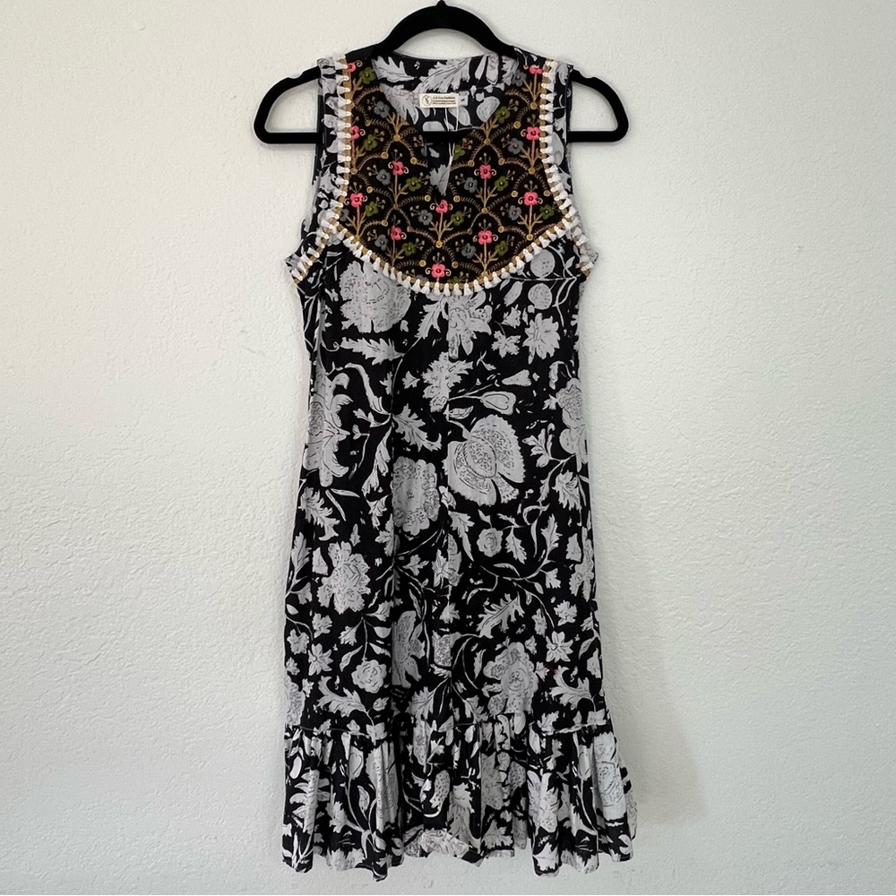 A &‎ Eva Cambodian Fashion 100% Linen Dress Floral Embroidered Fringe Size Small